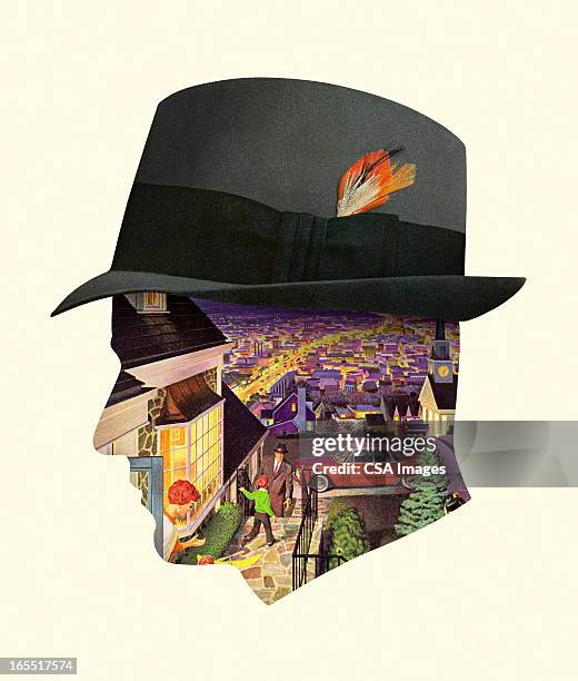 city scene in the silhouette of a man's head - fedora stock illustrations