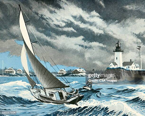 sailboat at sea in a storm - sailing storm stock illustrations