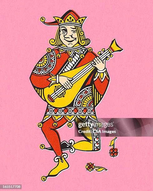 ilustraciones, imágenes clip art, dibujos animados e iconos de stock de joker jugando mandolina - instrumento de cuerdas