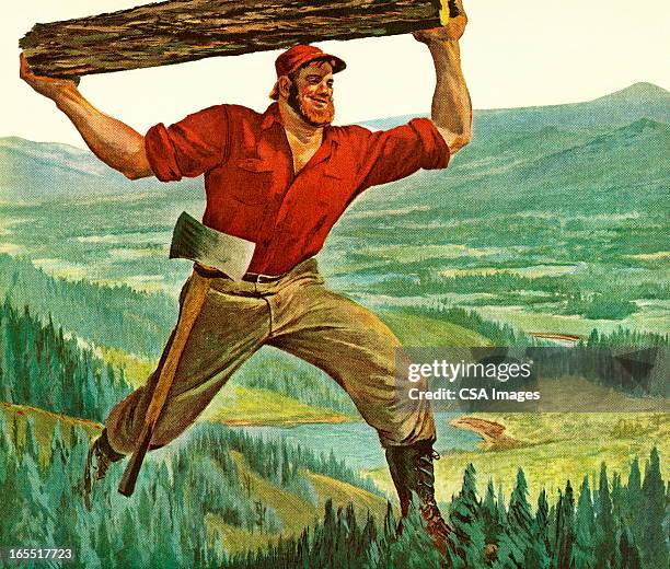 paul bunyan carrying a log - log stock illustrations