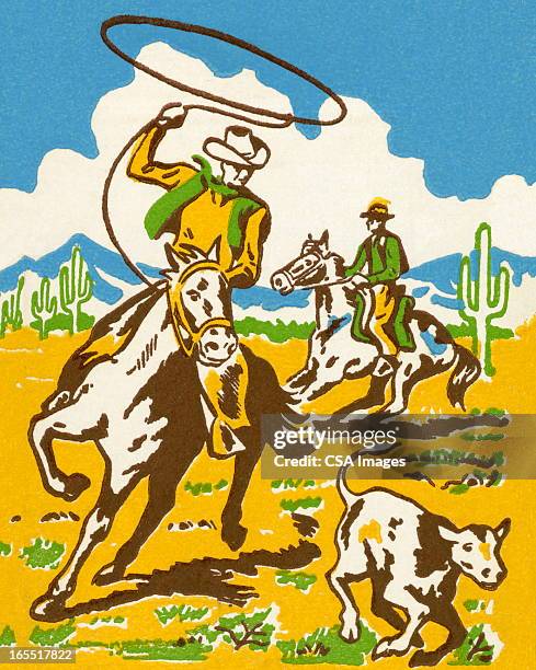 ilustraciones, imágenes clip art, dibujos animados e iconos de stock de cowboy dificultades la pantorrilla - cowboy