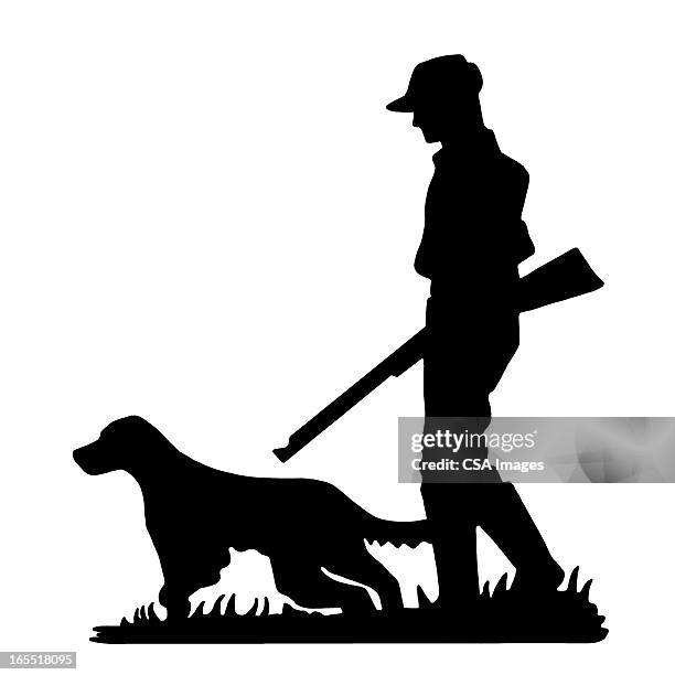 bildbanksillustrationer, clip art samt tecknat material och ikoner med silhouette of a hunter and dog - retriever