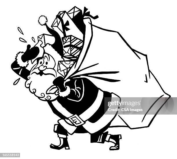 santa claus carrying a large sack - man sweating stock illustrations
