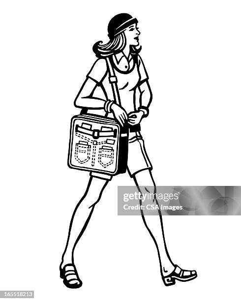 woman walking with shoulder bag - striding stock illustrations