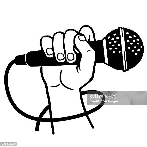 illustrazioni stock, clip art, cartoni animati e icone di tendenza di hand holding a microphone - microfono