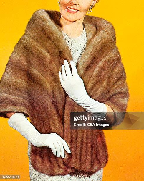 woman wearing a fur stole - vintage mink fur coat stock illustrations
