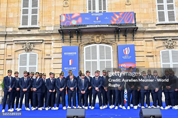 France Team players pose during the Rugby World Cup 2023 Welcome Ceremony for France on September 02, 2023 in Rueil-Malmaison, France.