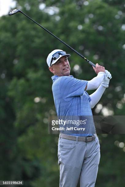 Kevin Sutherland hits his first shot on the 18th hole during the second round of the Ascension Charity Classic at Norwood Hills Country Club on...
