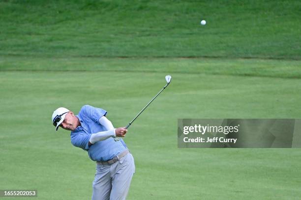 Kevin Sutherland hits his second shot on the 17th hole during the second round of the Ascension Charity Classic at Norwood Hills Country Club on...