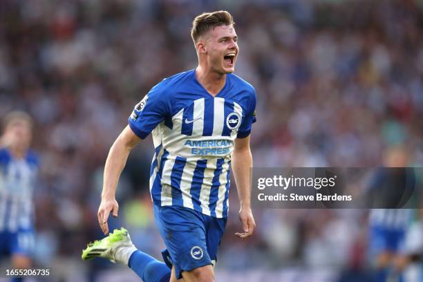 Evan Ferguson of Brighton & Hove Albion celebrates after scoring the team's second goal during the Premier League match between Brighton & Hove...