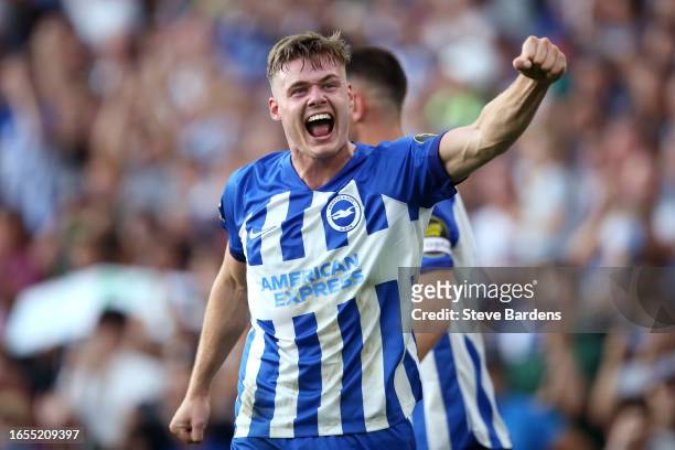 Evan Ferguson of Brighton & Hove Albion celebrates after scoring the team's second goal during the Premier League match between Brighton & Hove...