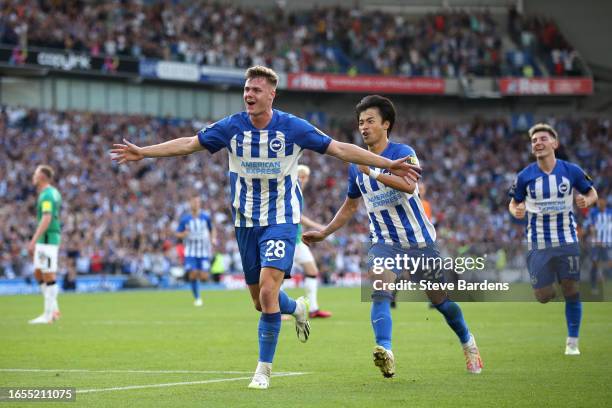 Evan Ferguson of Brighton & Hove Albion celebrates after scoring his and the team's third goal during the Premier League match between Brighton &...