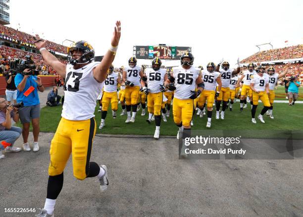 The Iowa Hawkeyes celebrate after winning 20-13 over the Iowa State Cyclones at Jack Trice Stadium on September 9, 2023 in Ames, Iowa. The Iowa...