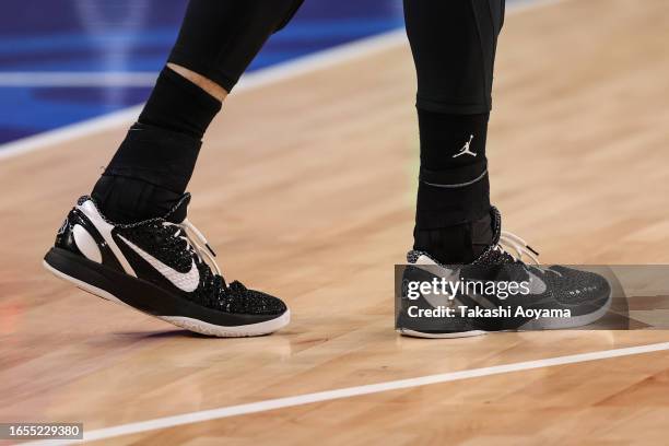 Detail view of the Nike sneakers worn by Yuta Watanabe of Japan featuring a tribute to Kobe Bryant and Gianna Bryant during the FIBA Basketball World...