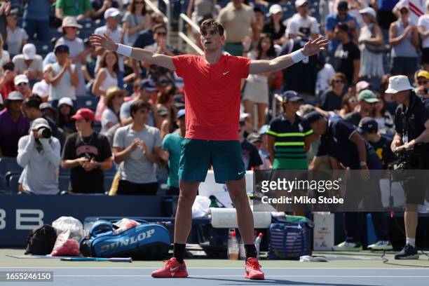 Jack Draper of Great Britain celebrates match point against Michael Mmoh of the United States during their Women/Men's Singles Third Round match on...