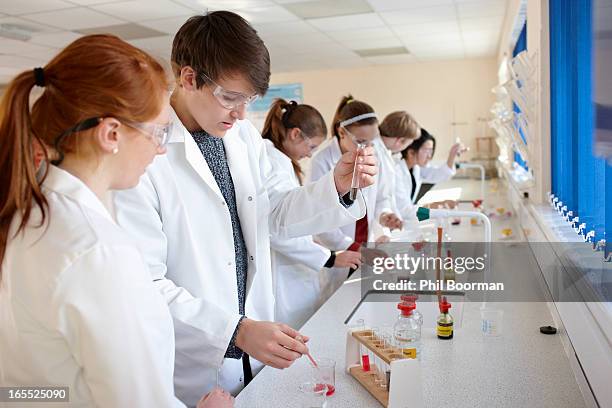 students working in chemistry lab - science lab school stock-fotos und bilder