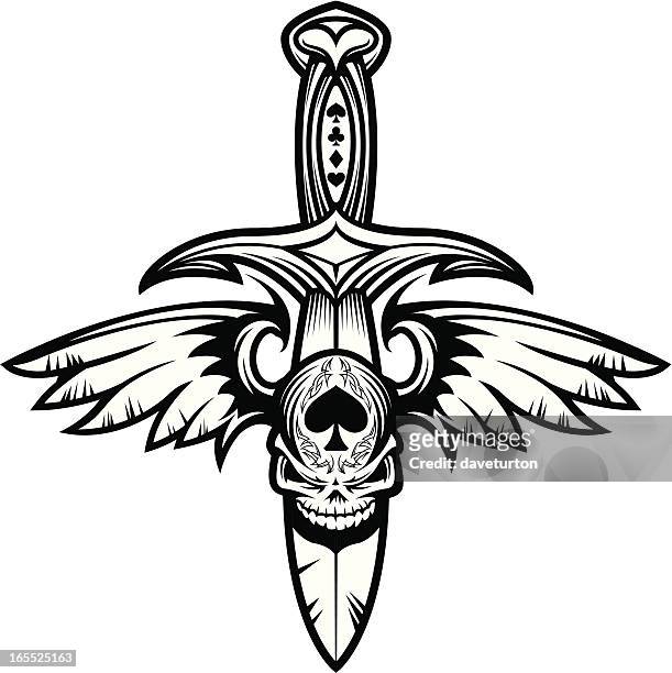 ilustraciones, imágenes clip art, dibujos animados e iconos de stock de gótica alas cráneo y hoja b & w - as de picas