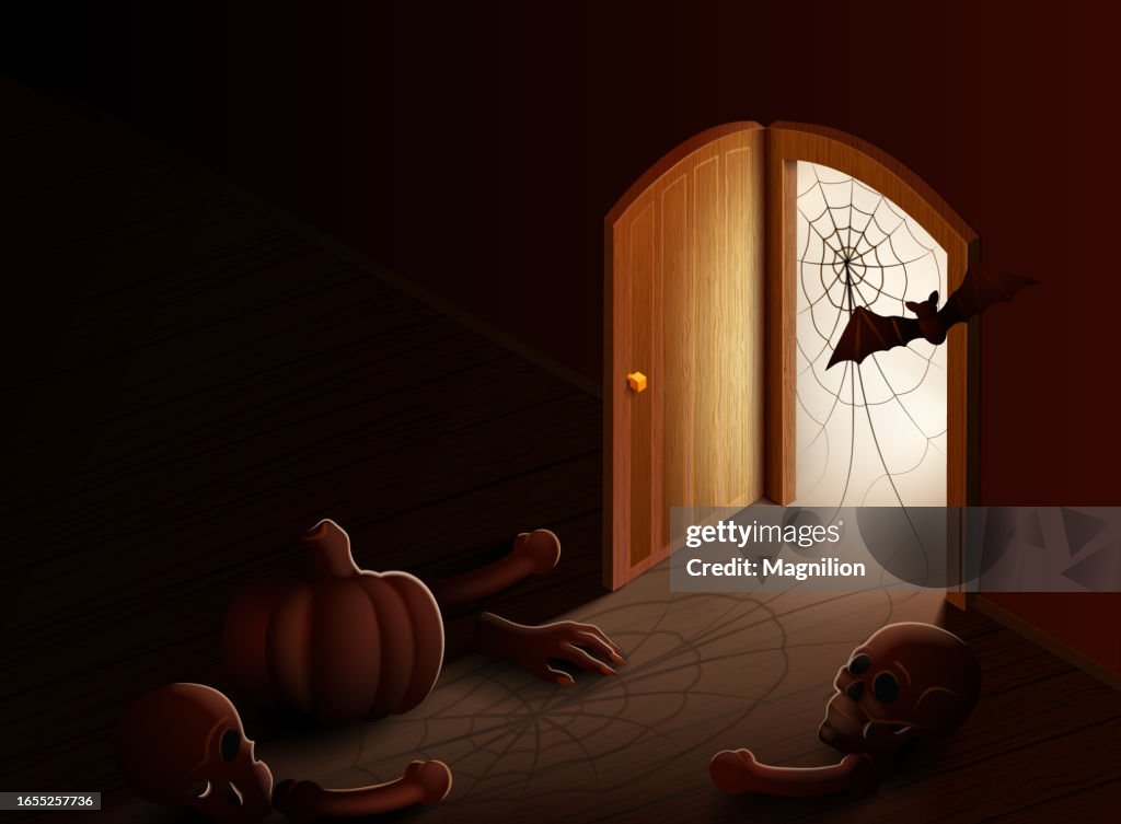Open Door with Light in the Room of Fear, Halloween room, Isometric Vector