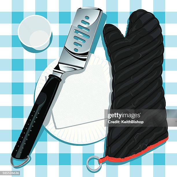 barbecue grill and picnic place setting - tablecloth pattern stock illustrations