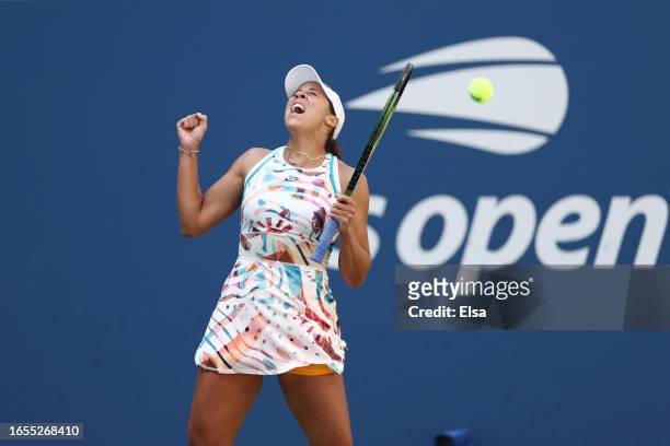 Madison Keys of the United States celebrates match point against Liudmila Samsonova during their Women's Singles Third Round match on Day Six of the...