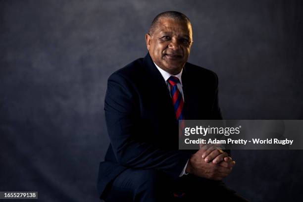 Allister Coetzee, Head Coach of Namibia, poses for a portrait during the Namibia Rugby World Cup 2023 Squad photocall on September 01, 2023 in Lyon,...
