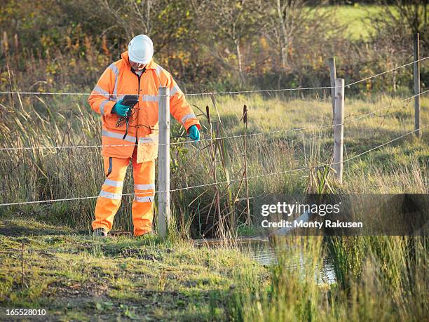 ecologist monitoring water quality near site of surface coal mine - rubber 55 stock-fotos und bilder