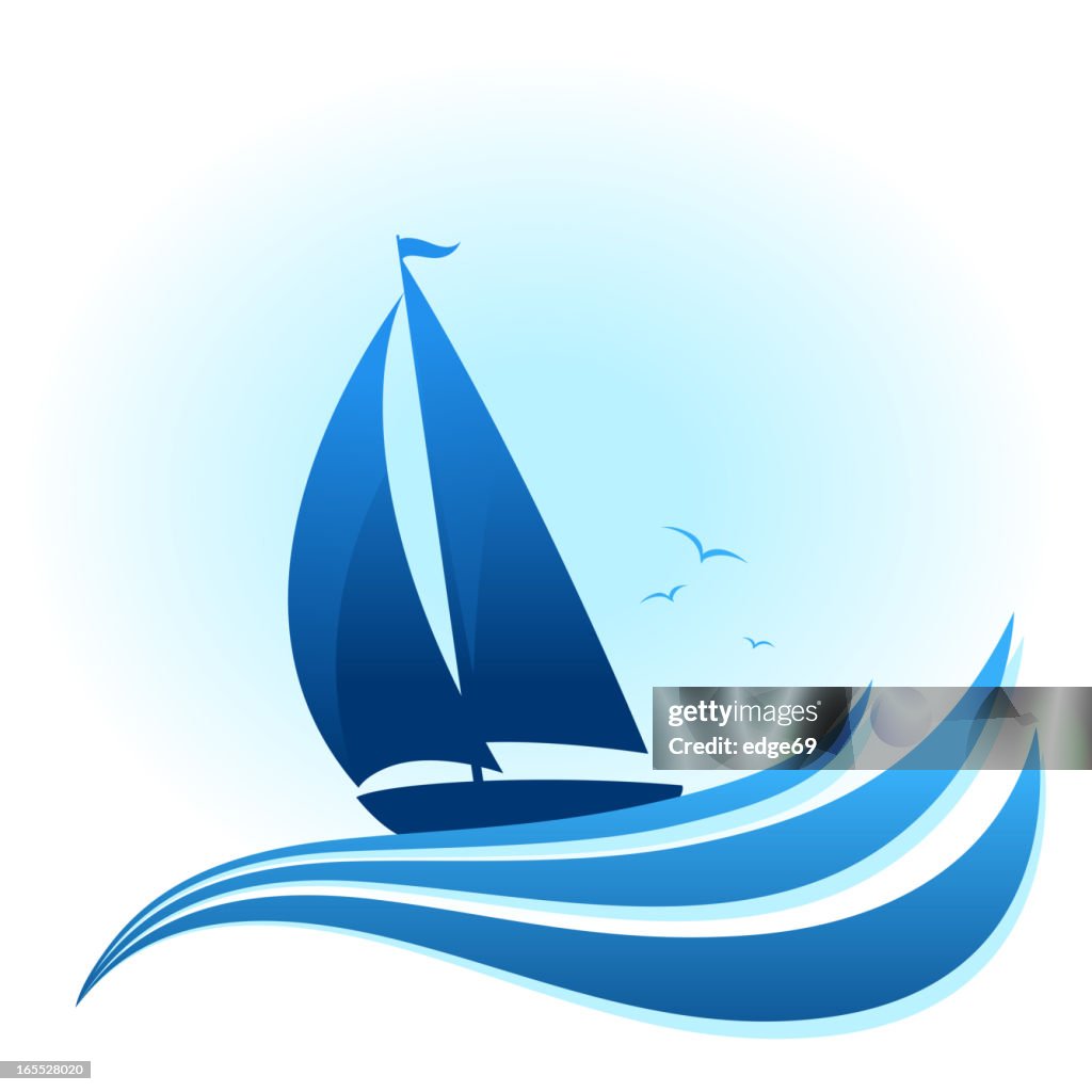 Blue sailboat illustration with waves and birds