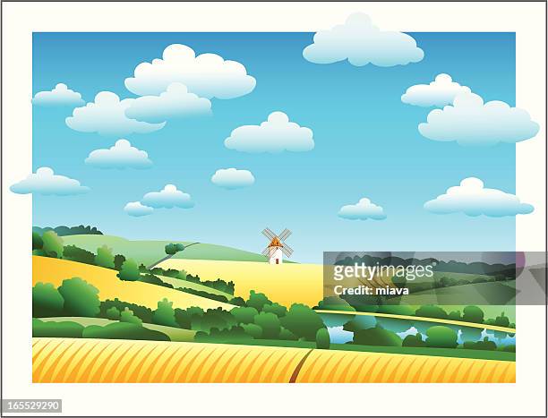 stockillustraties, clipart, cartoons en iconen met rural landscape with the wheat field and mill - omgeploegd veld