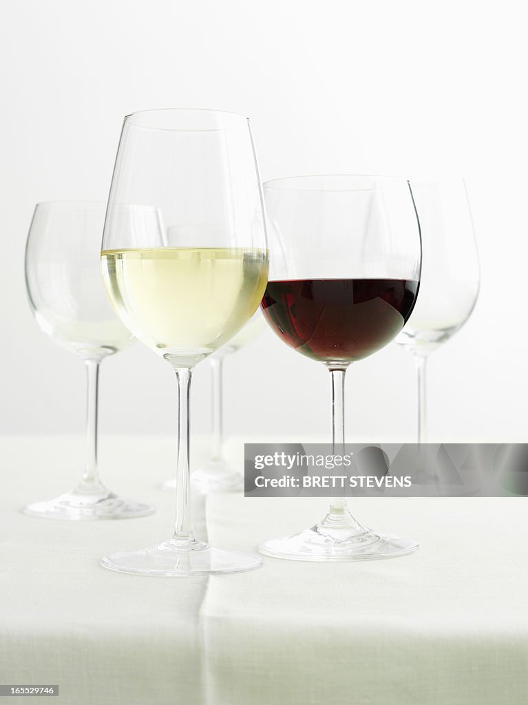 Glasses of red and white wines