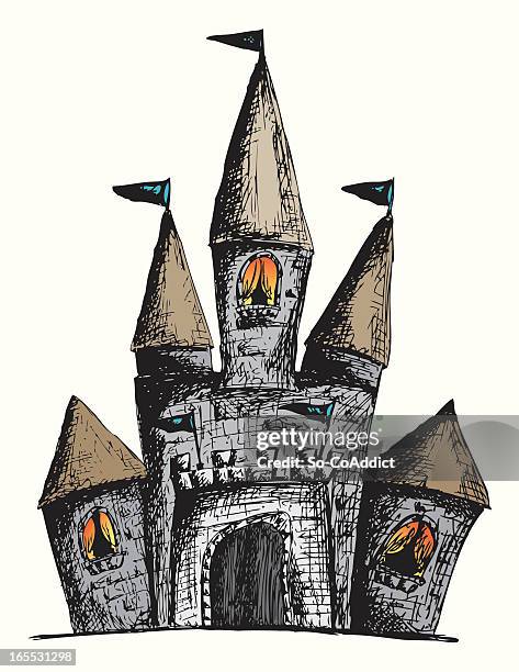 fantasy castle - märchenschloss stock-grafiken, -clipart, -cartoons und -symbole