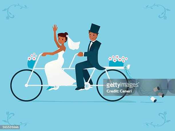 bildbanksillustrationer, clip art samt tecknat material och ikoner med newlywed bride &amp; groom riding on a tandem bicycle - bridegroom
