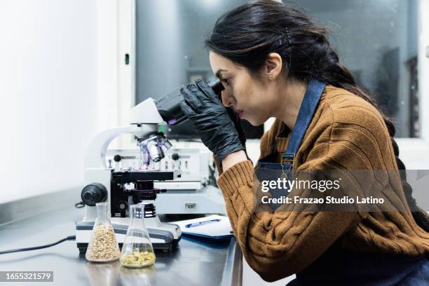 mid adult woman using microscope in a laboratory - alcohol test stock pictures, royalty-free photos & images