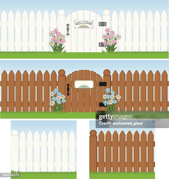 seamless white picket fence with gate - white picket gate stock illustrations