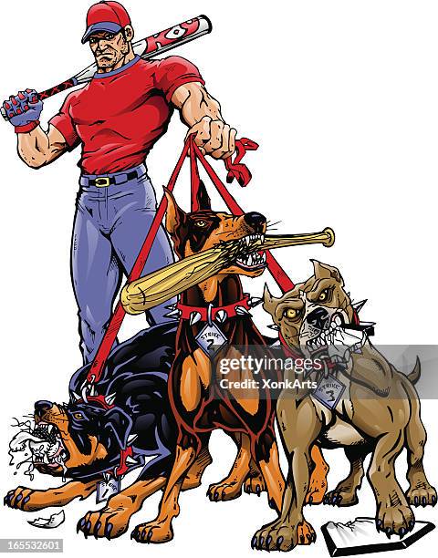 strikeout dogs with handler - strong pitbull stock illustrations