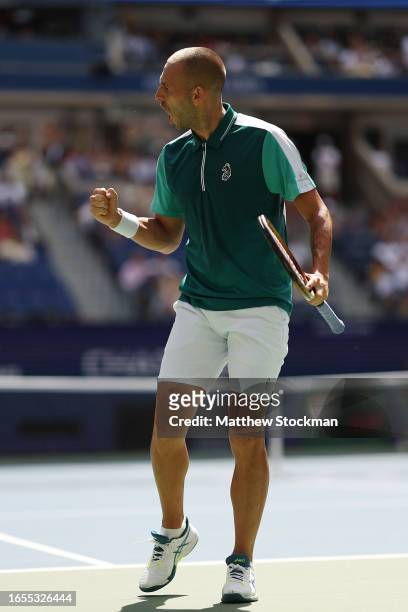Daniel Evans of Great Britain reacts against Carlos Alcaraz of Spain during their Men's Singles Third Round match on Day Six of the 2023 US Open at...