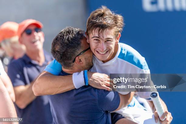 September 2: Matteo Arnaldi of Italy celebrates with his team after his victory against Cameron Norrie of Great Britain in the Men's Singles round...