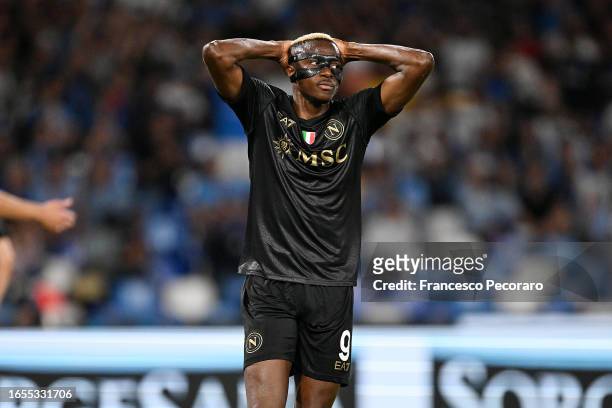 Victor Osimhen of SSC Napoli shows his disappointment during the Serie A TIM match between SSC Napoli and SS Lazio at Stadio Diego Armando Maradona...