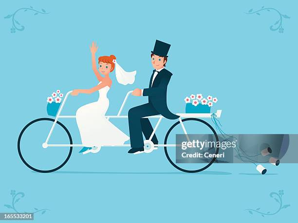 newlywed bride &amp; groom riding on a tandem bicycle - bicycle tandem stock illustrations