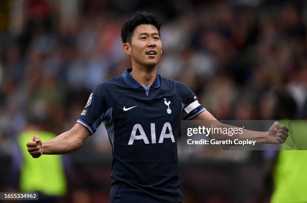 Heung-Min Son of Tottenham Hotspur celebrates after scoring the team's fifth goal and his hat-trick during the Premier League match between Burnley...