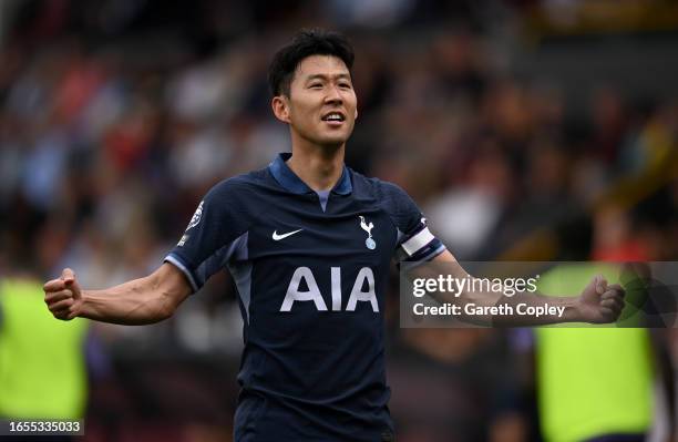 Heung-Min Son of Tottenham Hotspur celebrates after scoring the team's fifth goal and his hat-trick during the Premier League match between Burnley...