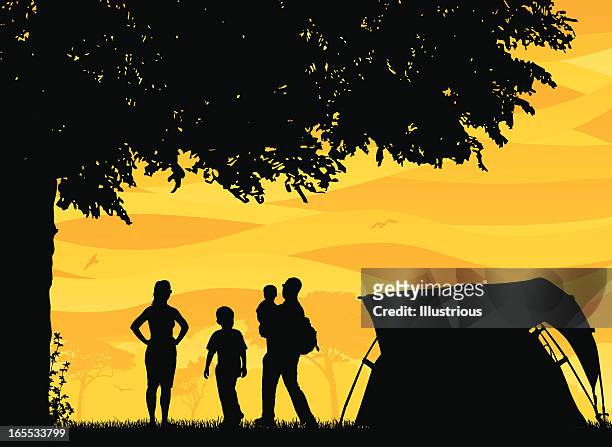 family and friends camping scene - family silhouette generations stock illustrations