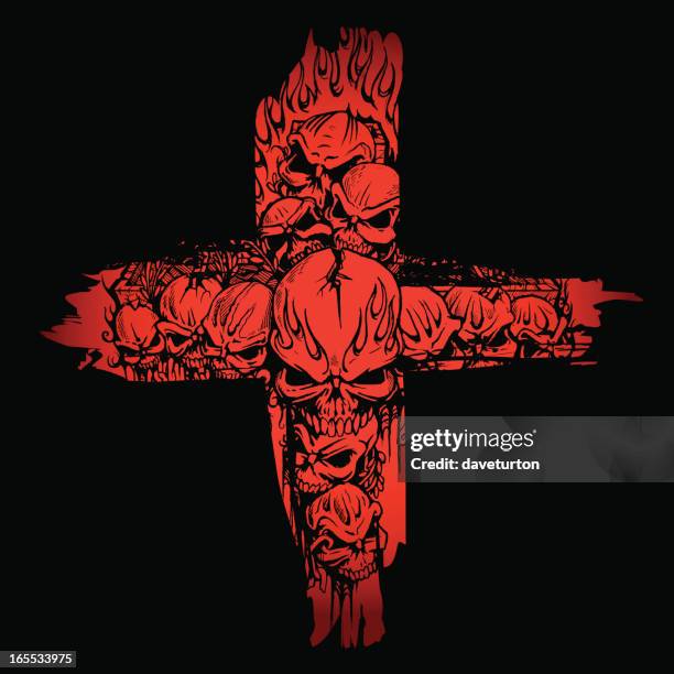 skulls cropped in a blood red cross - cross fire stock illustrations