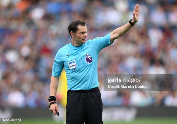 Referee Darren England during the Premier League match between Burnley FC and Tottenham Hotspur at Turf Moor on September 02, 2023 in Burnley,...