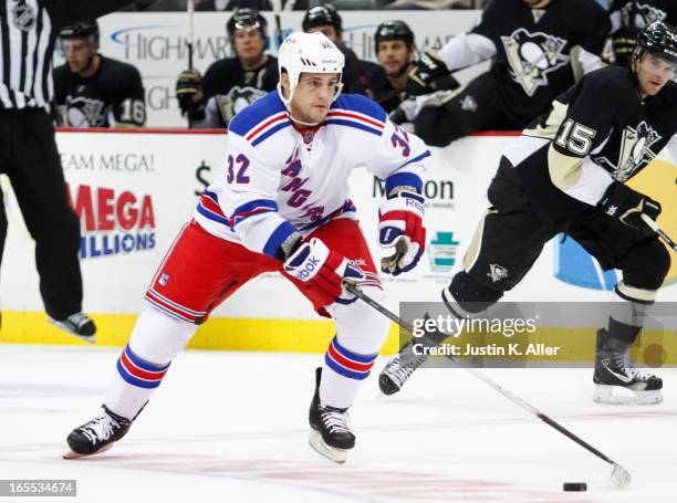 Micheal Haley of the New York Rangers skates against the Pittsburgh Penguins during the game at Consol Energy Center on March 16, 2013 in Pittsburgh,...