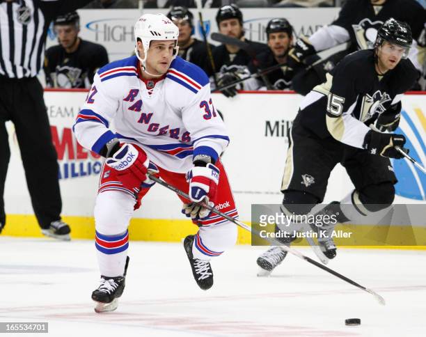 Micheal Haley of the New York Rangers skates against the Pittsburgh Penguins during the game at Consol Energy Center on March 16, 2013 in Pittsburgh,...