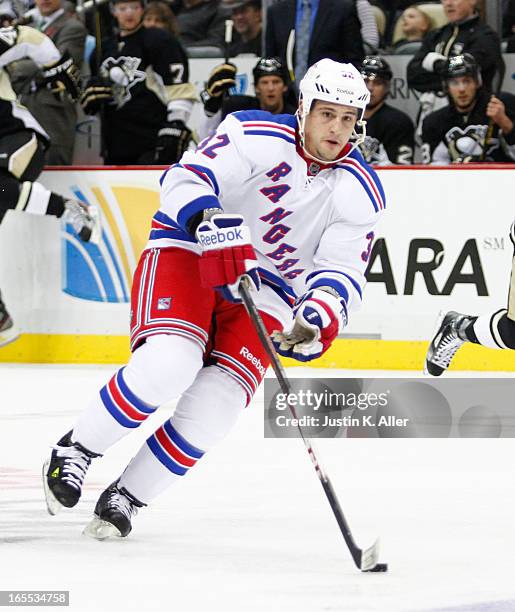 Micheal Haley of the New York Rangers skates against the Pittsburgh Penguins during the game at Consol Energy Center on March 16, 2013 in Pittsburgh,...