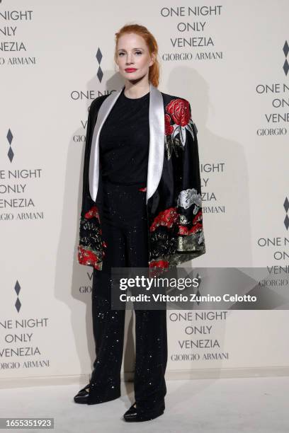 Jessica Chastain attends Giorgio Armani "One Night In Venice" photocall on September 02, 2023 in Venice, Italy.