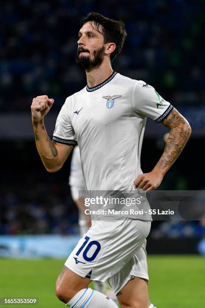 Luis Alberto of SS Lazio celebrates a opening goal during the Serie A TIM match between SSC Napoli and SS Lazio at Stadio Diego Armando Maradona on...