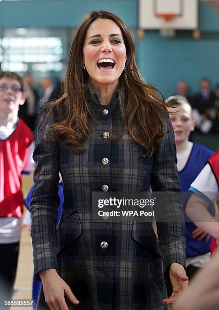 Catherine, Countess of Strathearn plays basketball at the Donald Dewer Leisure centre on April 4, 2013 in Glasgow, Scotland. The Emirates Arena will...