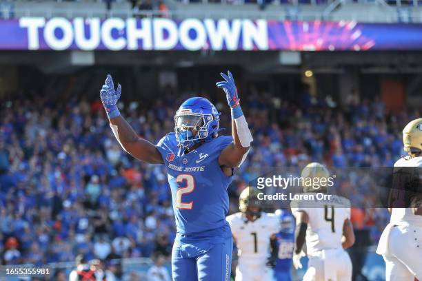 Running back Ashton Jeanty of the Boise State Broncos celebrates a touchdown during first half action against the UCF Knights at Albertsons Stadium...